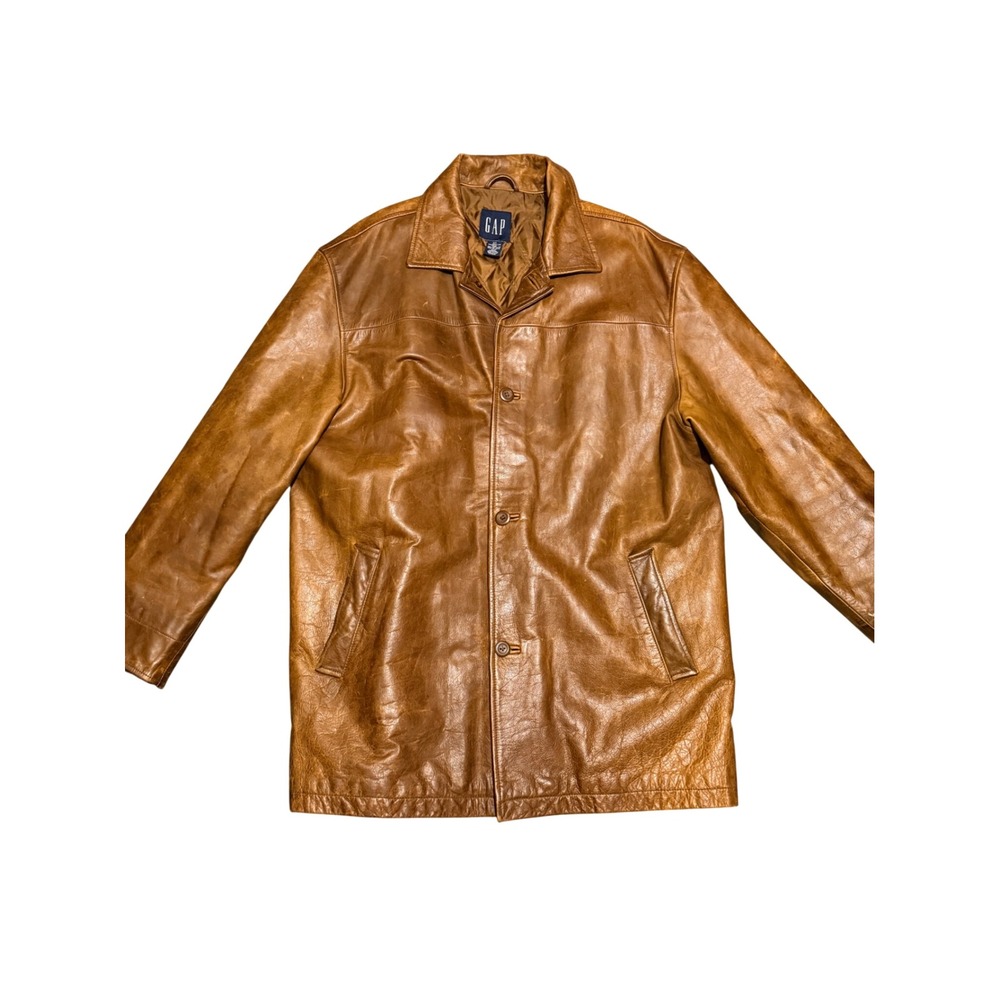 Gap Mens XXL Brown Genuine Leather Car Coat Vintage Button Front Jacket Cognac